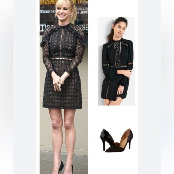 Self-Portrait Black Mesh/Tonal Lace Ruffle Long Sleeve Sheath Mini Dress Size 4 - Picture 2 of 16